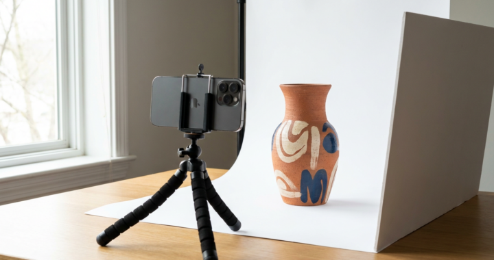 A DIY product photography setup for 2026, showing a smartphone on a tripod, a ceramic vase on a white sweep, and natural window lighting.
