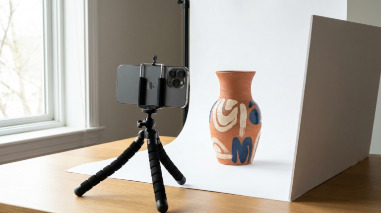 A DIY product photography setup for 2026, showing a smartphone on a tripod, a ceramic vase on a white sweep, and natural window lighting.