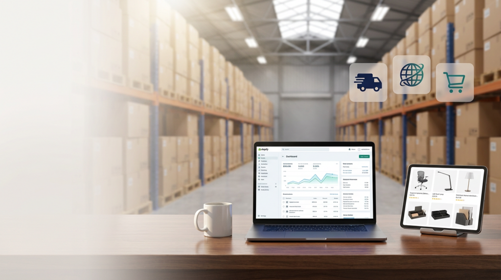 A modern e-commerce dropshipping setup with a laptop showing a sales dashboard and logistics icons, representing a global fulfillment model.