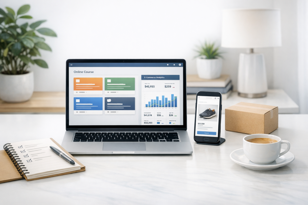 Laptop showing an online course dashboard and e-commerce analytics next to a smartphone product page, package box, checklist notebook, and coffee cup.