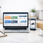 Laptop showing an online course dashboard and e-commerce analytics next to a smartphone product page, package box, checklist notebook, and coffee cup.