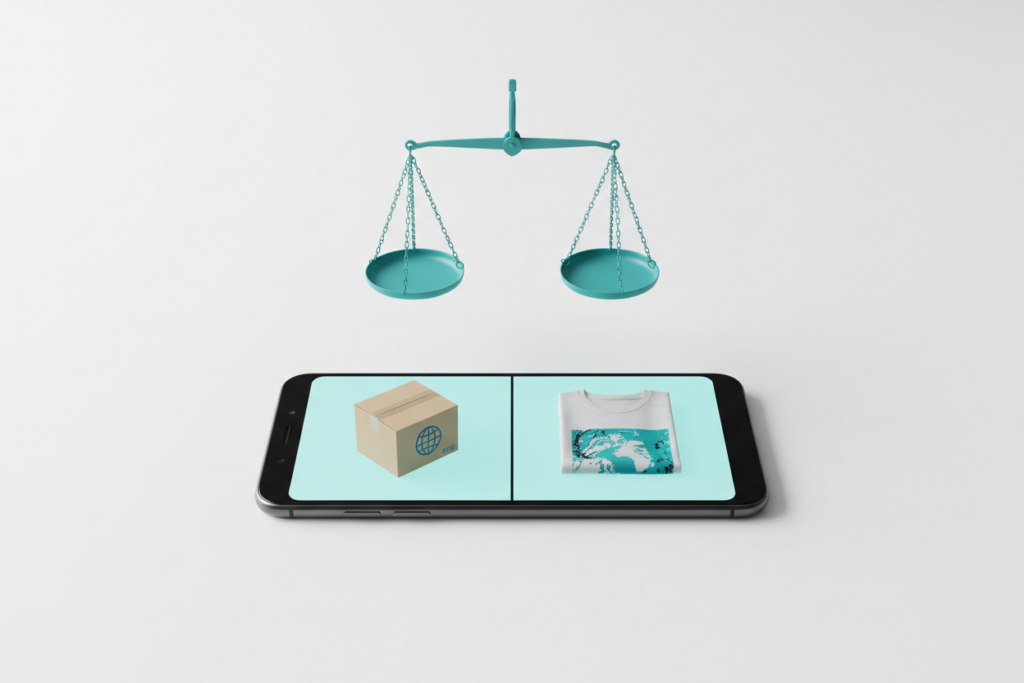 A high-end comparison graphic for Dropshipping vs Print-on-Demand on a smartphone. A shipping box on the left and a custom design t-shirt on the right, with a 3D teal balancing scale.
