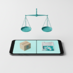 A high-end comparison graphic for Dropshipping vs Print-on-Demand on a smartphone. A shipping box on the left and a custom design t-shirt on the right, with a 3D teal balancing scale.