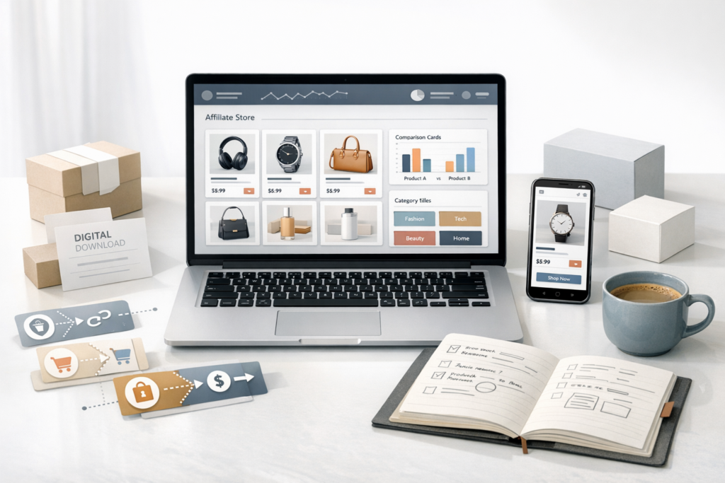E-commerce workspace with laptop showing curated affiliate store interface, product recommendation cards, comparison cards, mobile store preview, and product boxes.