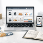 E-commerce workspace with laptop showing curated affiliate store interface, product recommendation cards, comparison cards, mobile store preview, and product boxes.