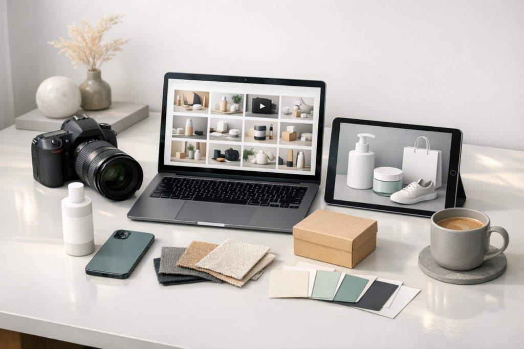 Creative studio desk with camera, laptop showing stock media grid, tablet with product mockups, and e-commerce lifestyle props.