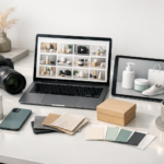Creative studio desk with camera, laptop showing stock media grid, tablet with product mockups, and e-commerce lifestyle props.