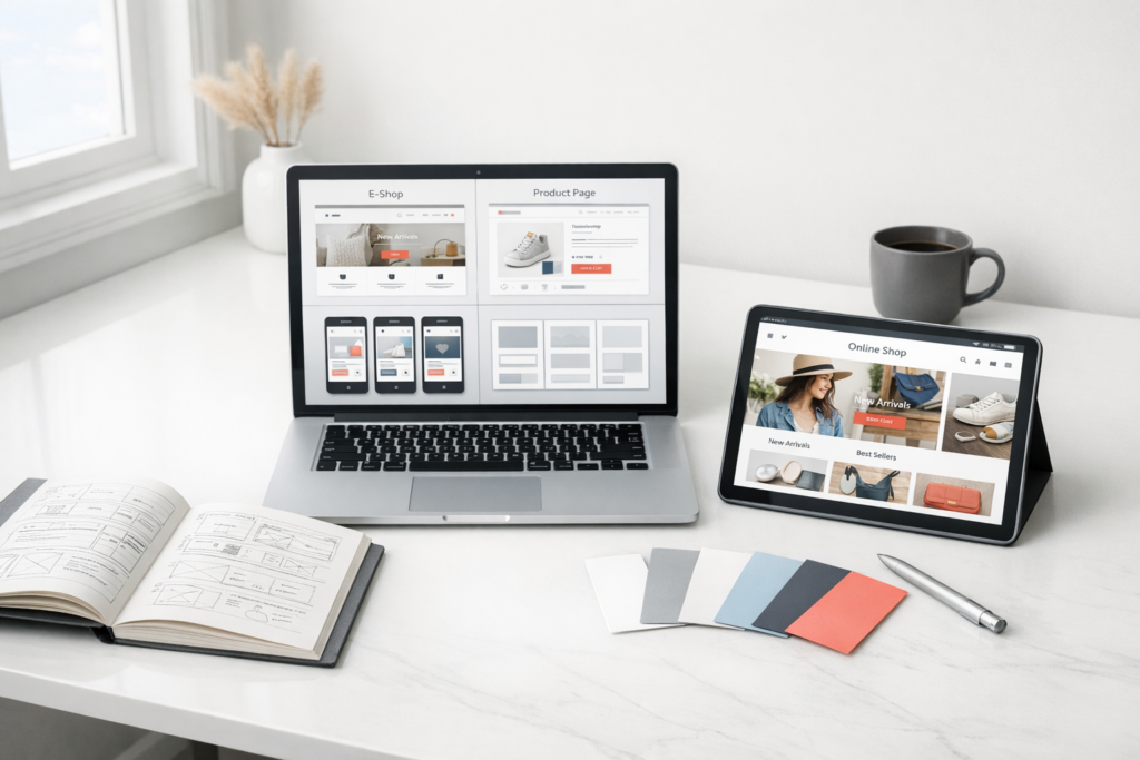 Designer workspace with laptop showing e-commerce website template mockups, product page layouts, mobile storefront cards, and wireframe sketches.