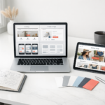 Designer workspace with laptop showing e-commerce website template mockups, product page layouts, mobile storefront cards, and wireframe sketches.