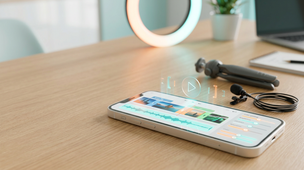 Smartphone showing a video editing timeline on a desk with tripod, mic and soft LED light (2026)