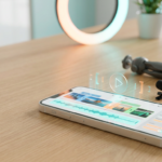 Smartphone showing a video editing timeline on a desk with tripod, mic and soft LED light (2026)