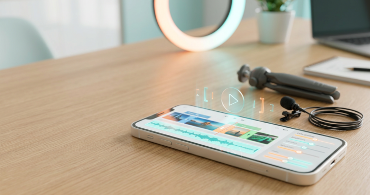 Smartphone showing a video editing timeline on a desk with tripod, mic and soft LED light (2026)