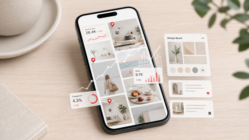 A modern smartphone displaying a Pinterest-style grid with analytics overlays, content cards, and growth charts for a faceless Pinterest business strategy.