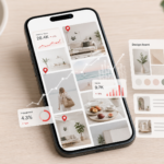 A modern smartphone displaying a Pinterest-style grid with analytics overlays, content cards, and growth charts for a faceless Pinterest business strategy.