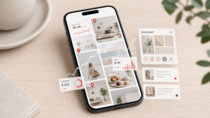 A modern smartphone displaying a Pinterest-style grid with analytics overlays, content cards, and growth charts for a faceless Pinterest business strategy.
