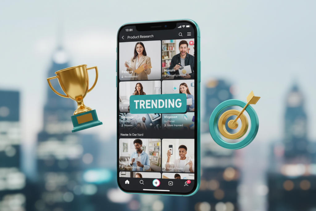 A professional close-up of a smartphone screen showing a trending TikTok product video. Floating 3D teal icons of a 'Trophy' and a 'Social Media Sparkle'.