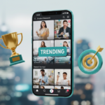 A professional close-up of a smartphone screen showing a trending TikTok product video. Floating 3D teal icons of a 'Trophy' and a 'Social Media Sparkle'.
