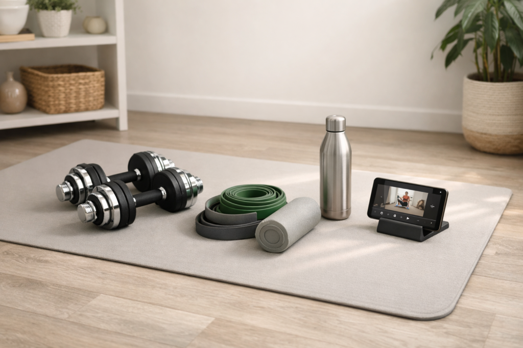 Modern home workout setup with yoga mat, dumbbells, resistance bands, foam roller, water bottle, and smartphone showing a workout video.