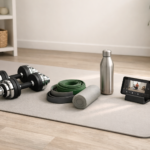 Modern home workout setup with yoga mat, dumbbells, resistance bands, foam roller, water bottle, and smartphone showing a workout video.