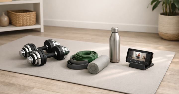 Modern home workout setup with yoga mat, dumbbells, resistance bands, foam roller, water bottle, and smartphone showing a workout video.