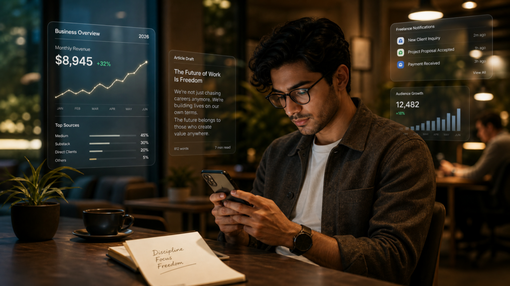 Freelance writer working from a smartphone in a modern cafe environment in 2026.