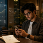 Freelance writer working from a smartphone in a modern cafe environment in 2026.