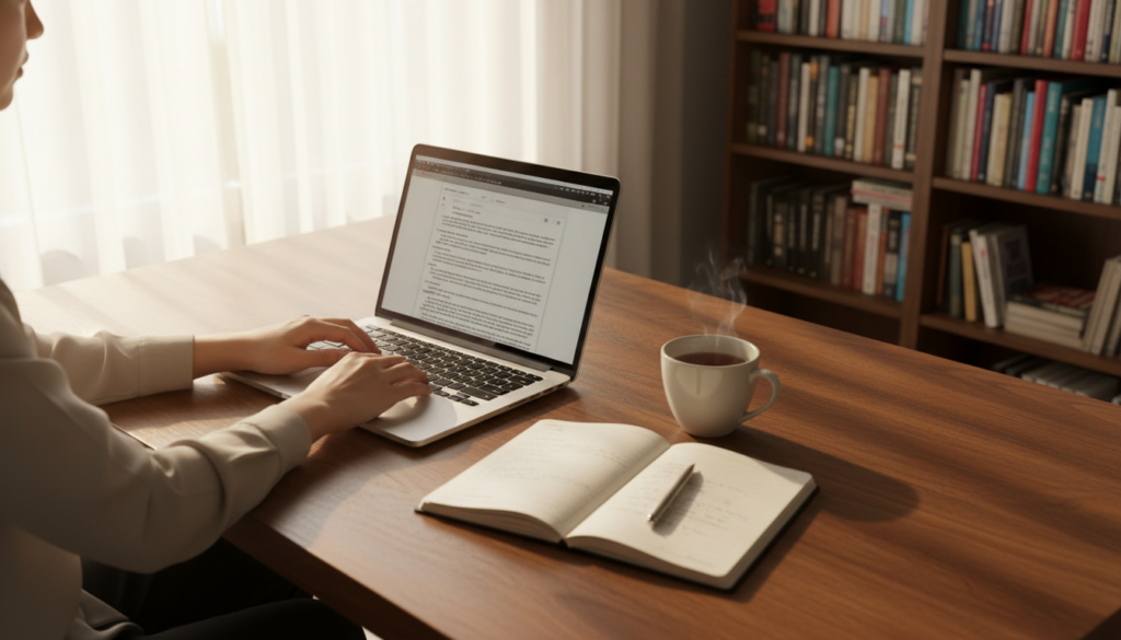 Professional freelance writer working from a warm home office with laptop, notebook, and tea