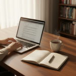 Professional freelance writer working from a warm home office with laptop, notebook, and tea