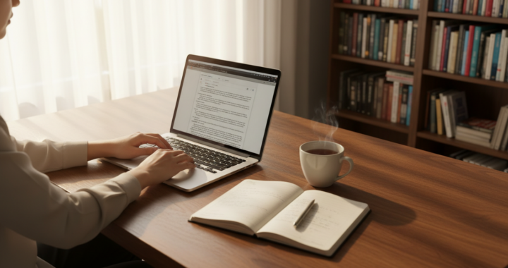 Professional freelance writer working from a warm home office with laptop, notebook, and tea