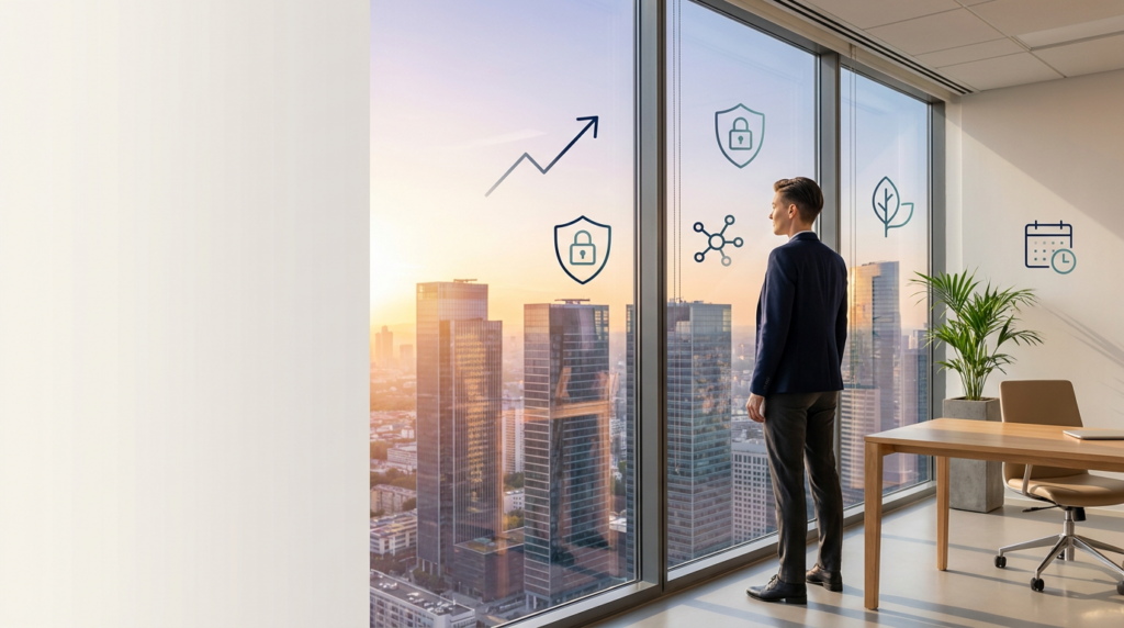 Entrepreneur looking out over a city skyline at sunrise with subtle trend and security icons representing future business ideas.