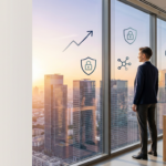Entrepreneur looking out over a city skyline at sunrise with subtle trend and security icons representing future business ideas.