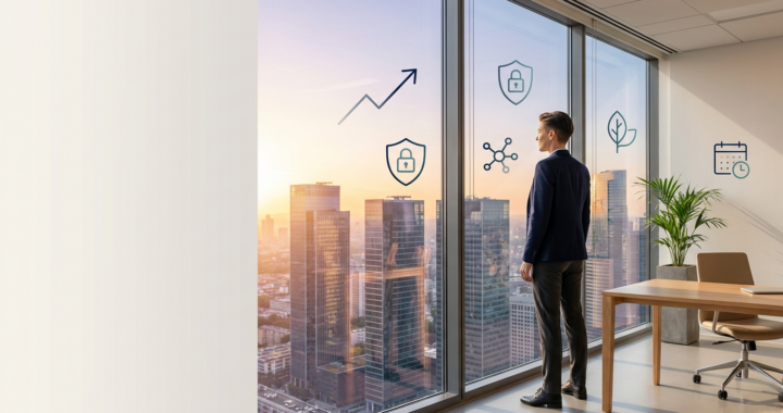 Entrepreneur looking out over a city skyline at sunrise with subtle trend and security icons representing future business ideas.