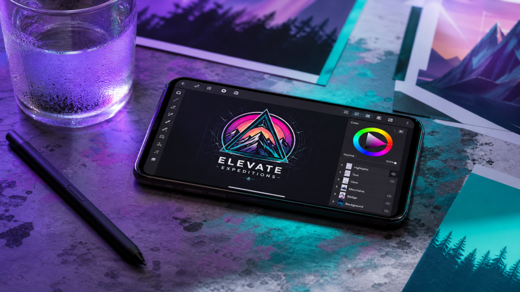 Professional mobile graphic design setup with a smartphone and digital pen on an artistic desk.