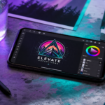 Professional mobile graphic design setup with a smartphone and digital pen on an artistic desk.