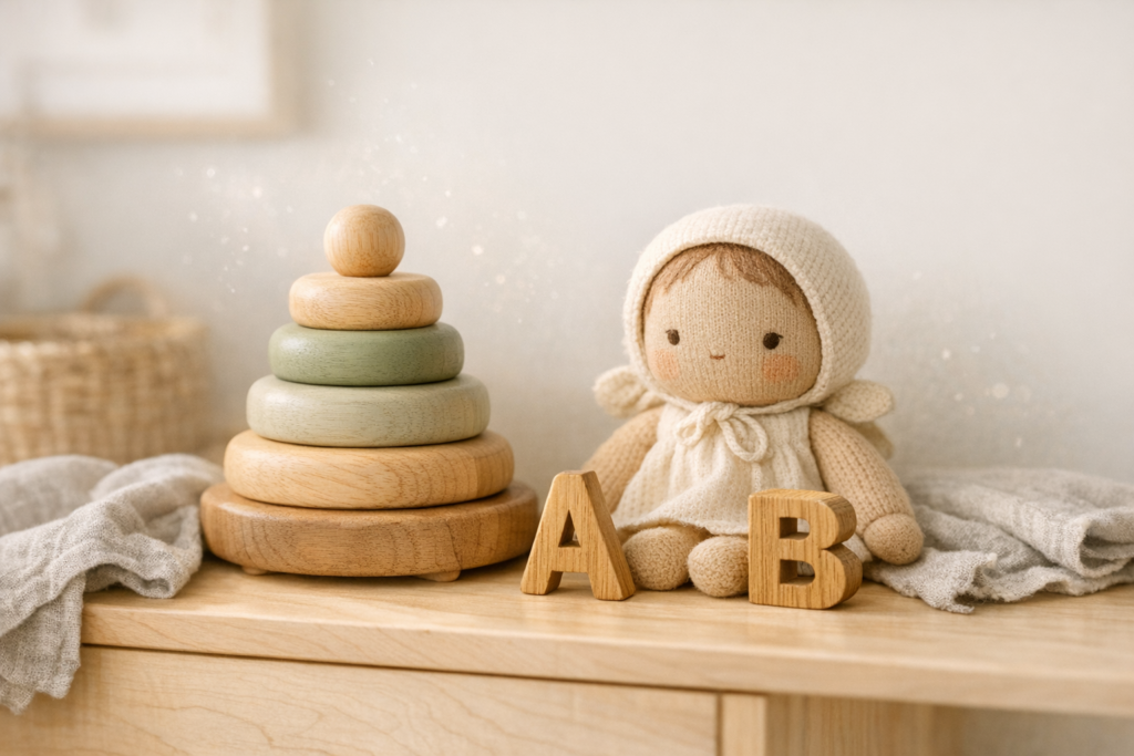 Heirloom quality handmade wooden stacking toy and knitted organic cotton doll on a light wooden shelf in a sunlit Scandinavian nursery.