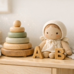 Heirloom quality handmade wooden stacking toy and knitted organic cotton doll on a light wooden shelf in a sunlit Scandinavian nursery.