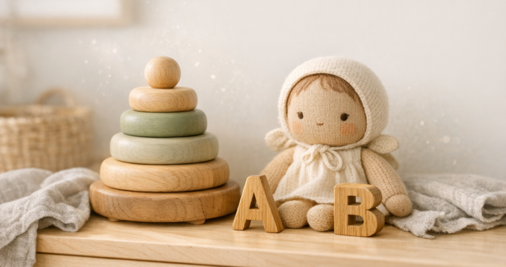Heirloom quality handmade wooden stacking toy and knitted organic cotton doll on a light wooden shelf in a sunlit Scandinavian nursery.