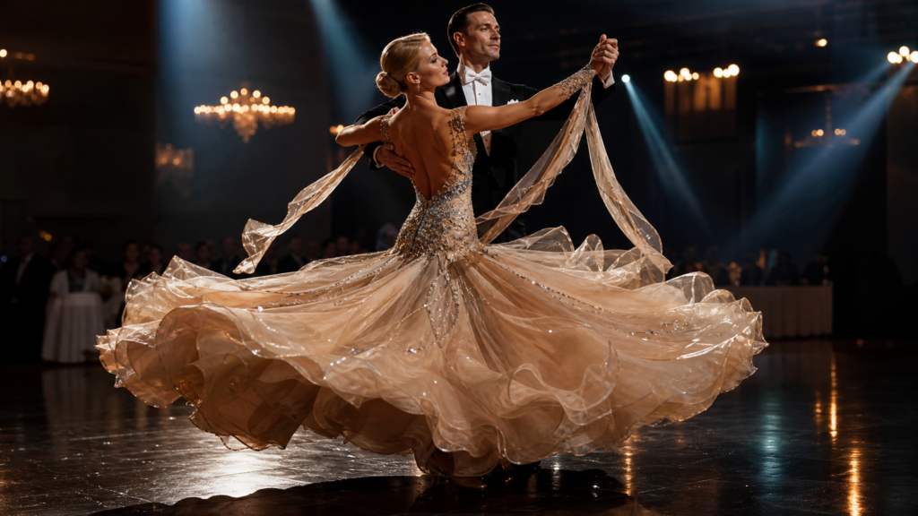 An elegant ballroom dance couple performing a spin, featuring a spectacular, voluminous champagne-colored gown that spreads wide across the polished floor, representing high-end dance lifestyle.
