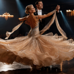An elegant ballroom dance couple performing a spin, featuring a spectacular, voluminous champagne-colored gown that spreads wide across the polished floor, representing high-end dance lifestyle.