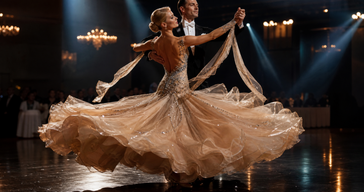An elegant ballroom dance couple performing a spin, featuring a spectacular, voluminous champagne-colored gown that spreads wide across the polished floor, representing high-end dance lifestyle.
