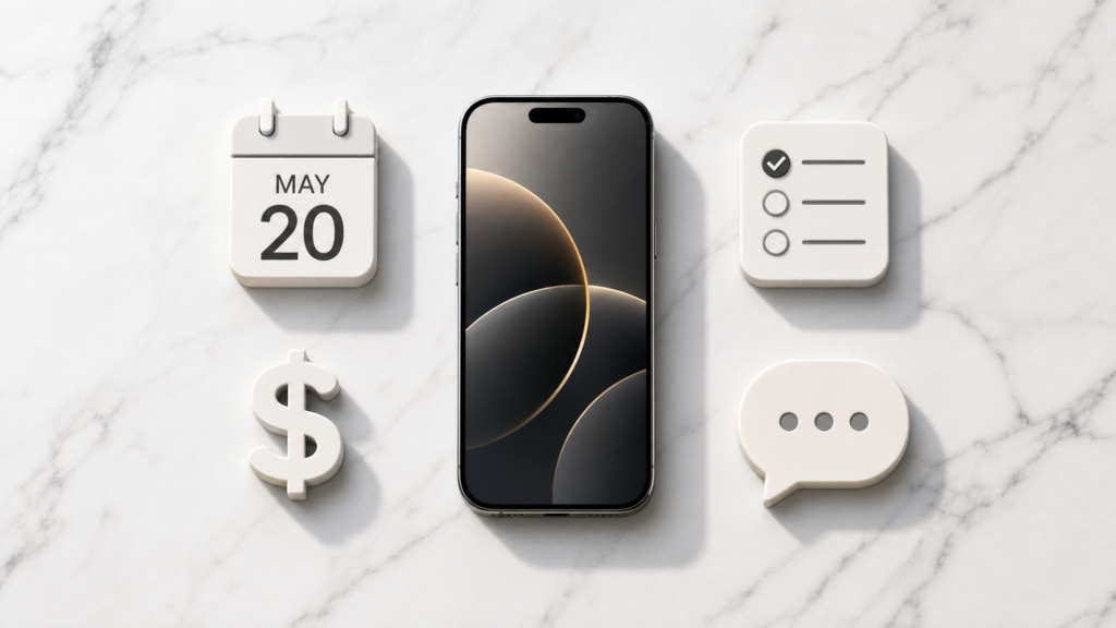 A flat-lay shot of a smartphone surrounded by minimalist icons of project management tools like calendars, checklists, and dollar signs, representing a mobile business hub.