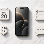 A flat-lay shot of a smartphone surrounded by minimalist icons of project management tools like calendars, checklists, and dollar signs, representing a mobile business hub.