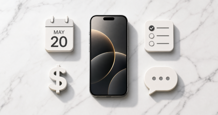 A flat-lay shot of a smartphone surrounded by minimalist icons of project management tools like calendars, checklists, and dollar signs, representing a mobile business hub.