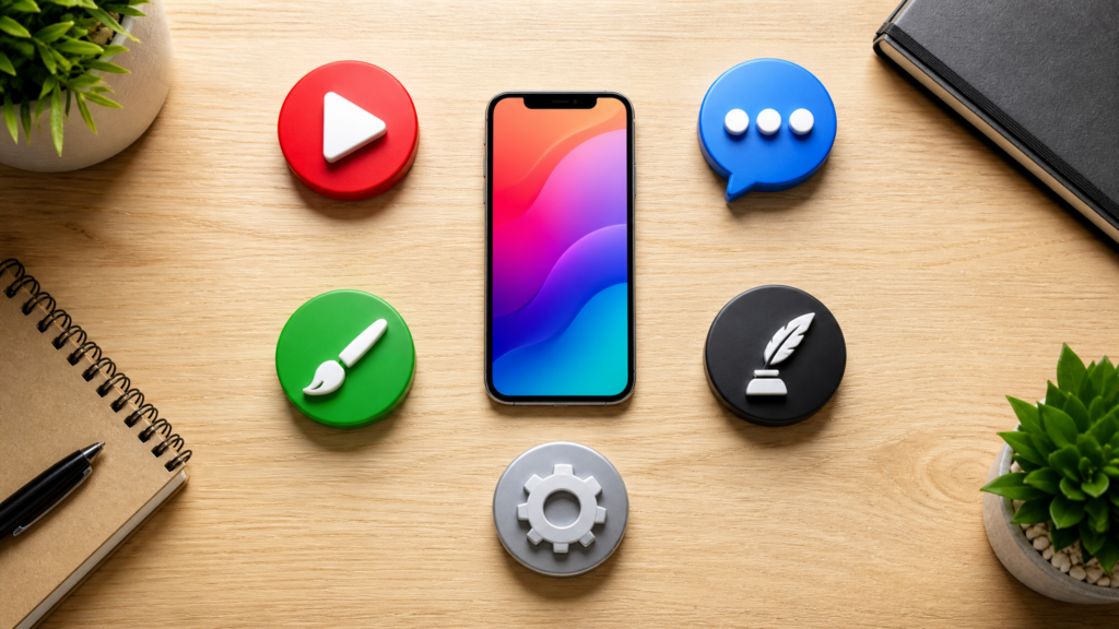 Smartphone on a desk surrounded by icons representing different home-based business niches like video editing, customer support, design, copywriting, and operations