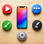 Smartphone on a desk surrounded by icons representing different home-based business niches like video editing, customer support, design, copywriting, and operations