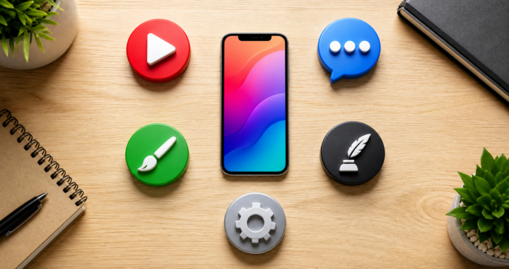 Smartphone on a desk surrounded by icons representing different home-based business niches like video editing, customer support, design, copywriting, and operations