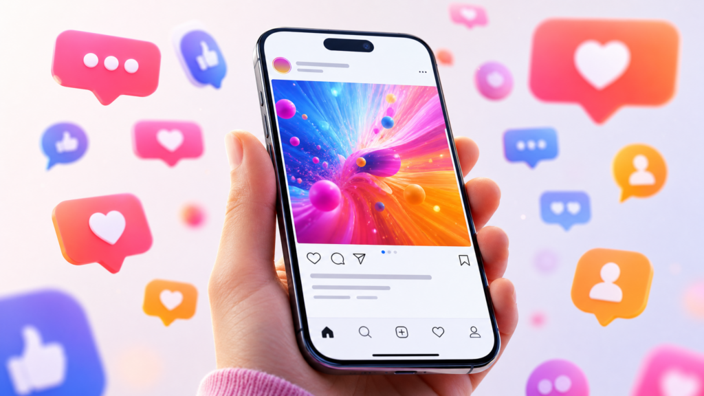 A smartphone screen showing a social media post with a bold caption and a flood of comment notifications, representing high-engagement caption writing in 2026.