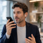 A professional wearing earbuds talking into a smartphone while looking at a digital notebook, representing mobile consulting services in 2026.