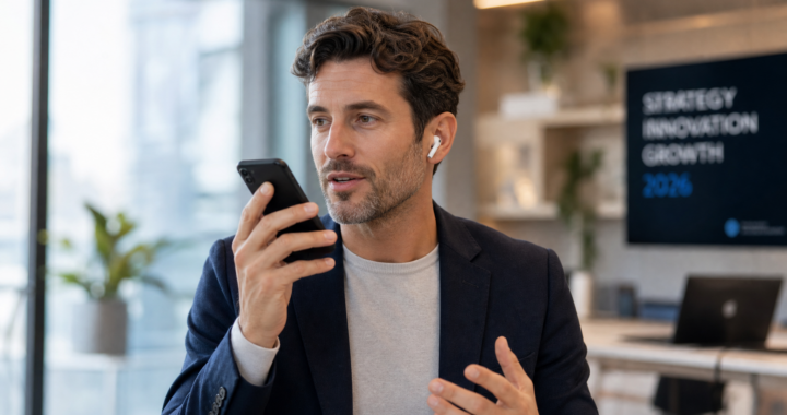 A professional wearing earbuds talking into a smartphone while looking at a digital notebook, representing mobile consulting services in 2026.
