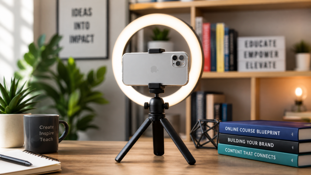A modern smartphone on a tripod with a ring light, showing a person recording a video lesson, representing mobile course creation in 2026.